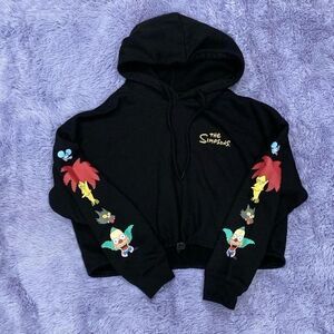The Simpsons Krusty the Clown Black Cropped Hoodie Graphic Sleeve Print‎ Medium